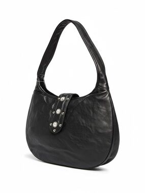Women's Black Leather Shoulder Bag with Decorative Stud Strap